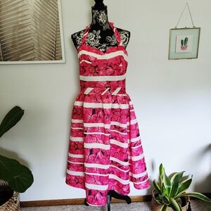 Vibrant Zaful Pink Floral & Stripe Halter Midi Dress - Size XXL